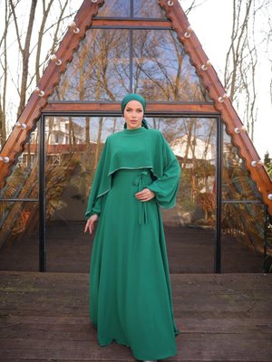 Zümrüt Yeşili Ankanoor Taşlı Yarasa Kol Abiye Elbise