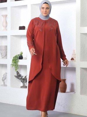 Kiremit Taş İşlemeli Mevsim Krep Kumaş Abiye Elbise