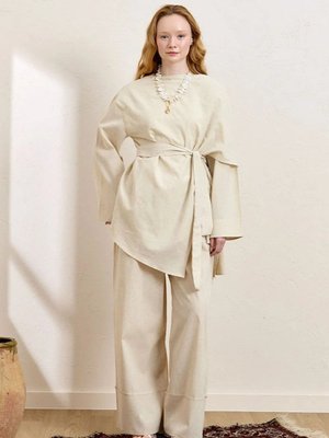 Krem Organik Keten Şal Detay Tunik & Double Paça Pantolon Takım