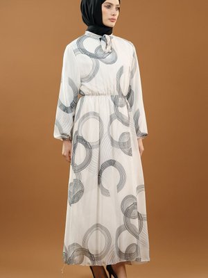 Beyaz Desenli Kemerli Elbise Beyaz Desenli Kemerli Elbise