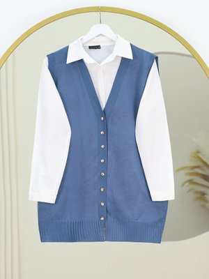 İndigo V Yaka Düğmeli Triko Yelek