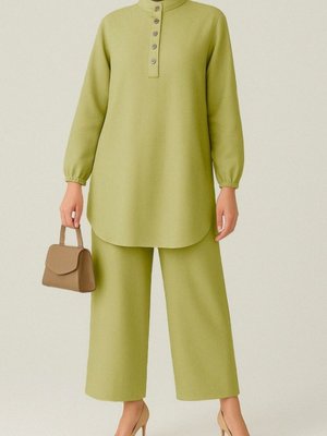 Yağ Yeşili Yarım Düğmeli Koli Lastikli Dik Yaka Keten İkili Takım