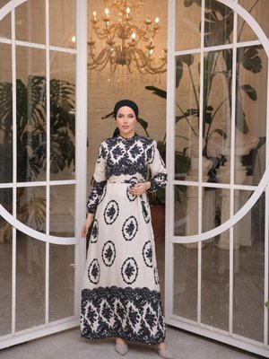 Beyaz Ankanoor Barok Desenli Viskon Elbise Beyaz Ankanoor Barok Desenli Viskon Elbise