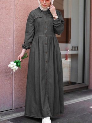 Antrasit Kolu Lastikli Boydan Düğmeli Çift Cepli Kot Elbise Antrasit Kolu Lastikli Boydan Düğmeli Çift Cepli Kot Elbise