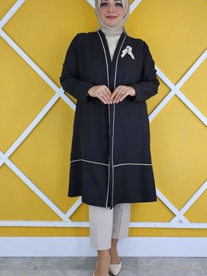 Siyah Broş Detaylı Kimono Bluzlu İkili Takım
