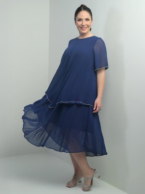 Mavi Kısa Volan Kollu Astarlı Taş Detaylı Büyük Beden Şifon Midi Elbise