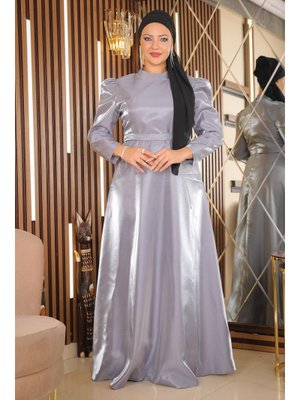 Gri Omuz Büzgülü Büyük Beden Abiye