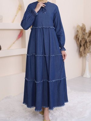 İndigo Üç Parça Yıkamalı Kot Elbise