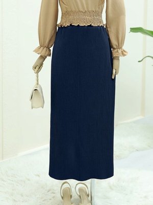 Lacivert Uzun Beli Lastikli Pliseli Kalem Etek