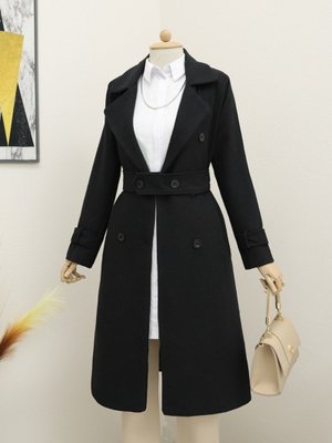 Siyah Kemerli Astarlı Bolero Detaylı Kaban