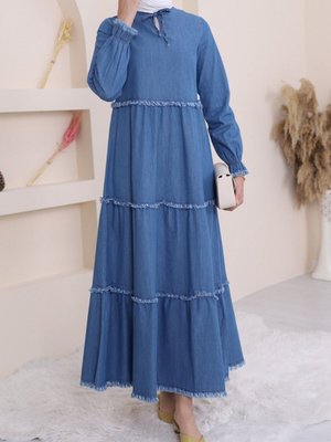 Mavi Üç Parça Yıkamalı Kot Elbise