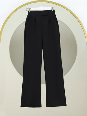 Siyah Cırtlı Fermuarlı Palazzo Pantolon