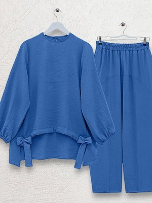 İndigo Önden Büzmeli Şalvar Pantolon Ayrobin Salaş İkili Takım