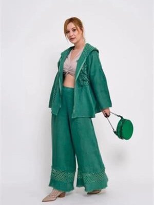 Gucci Yeşil İtalyan Fisto Detaylı Keten Pantolon