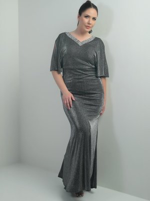 Gümüş Rengi Ön Arka Taşlı V Yaka Astarlı Dekolteli Yarasa Kollu Uzun Simli Büyük Beden Elbise