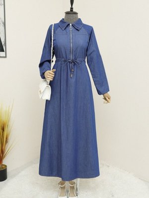 İndigo Yarım Fermuarlı Tünel Bağcıklı Kot Elbise