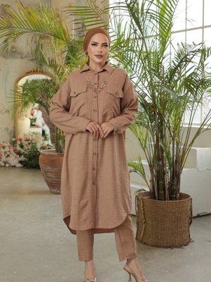 Vizon Çift Cepli Boydan Düğmeli Kolyeli Uzun Keten Tunik