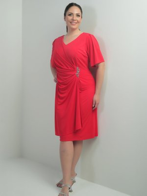 Fuşya V Yaka Önü Büzgülü Taş Detaylı Astarlı Büyük Beden Likralı Elbise