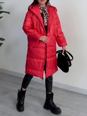 Kırmızı Kapüşonlu Bağcık Detaylı Fermuarlı Şişme Mont