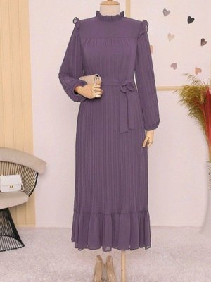 Mor Beli Bağlamalı Kolu Lastikli Eteği Parçalı Şifon Elbise Mor Beli Bağlamalı Kolu Lastikli Eteği Parçalı Şifon Elbise