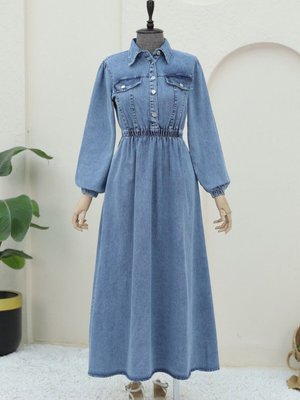 Buz Mavi Beli Lastikli Yarım Düğmeli Kot Elbise