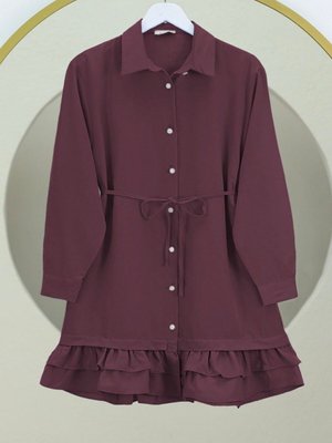 Bordo Etek Ucu Katlı Fırfırlı Düğmeli Poplin Gömlek Tunik Bordo Etek Ucu Katlı Fırfırlı Düğmeli Poplin Gömlek Tunik
