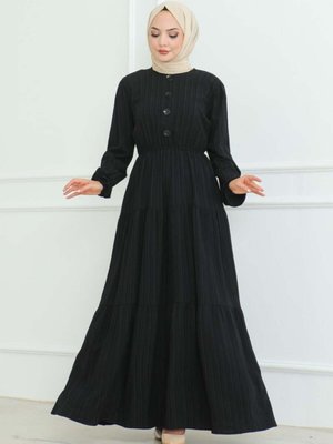 Siyah Düğme Detaylı Kırınkıl Elbise Siyah Düğme Detaylı Kırınkıl Elbise