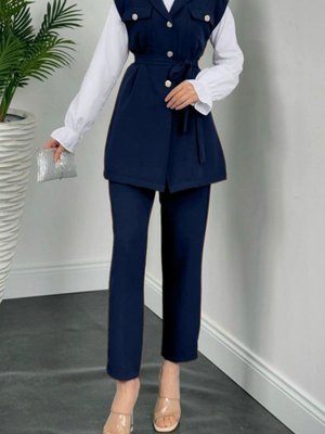 Lacivert Sıfır Kol Önü Düğmeli Beli Kemerli Üçlü Takım