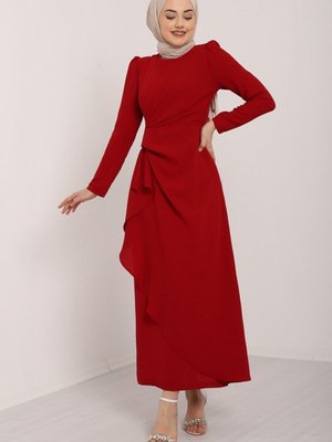 Bordo Önü Allerli Eteği Asimetrik Krep Elbise