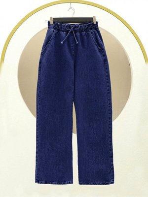 İndigo Beli Lastikli Cepli Bol Paça Kot Pantolon