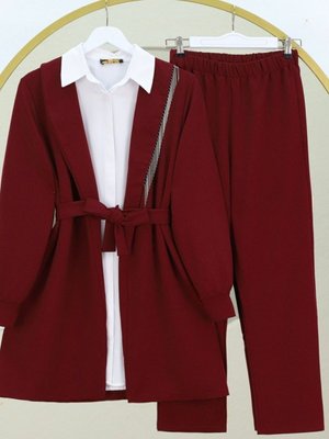 Bordo Yakası Metal Püsküllü Kemerli Ceket Pantolon İkili Takım