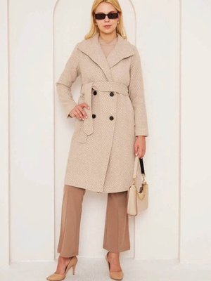 Krem Balıksırtı Uzun Kaşe Kaban