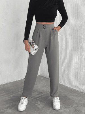 Gri Örme Krep Çift Düğmeli Pantolon