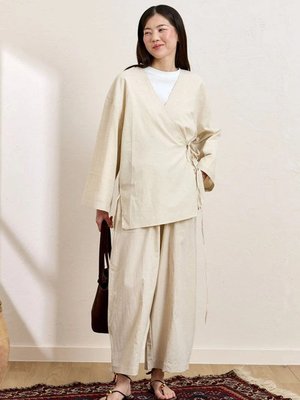 Krem Organik Keten Bağlamalı Tunik & Şalvar Pantolon Takım