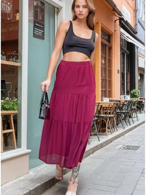 Bordo Katlı Beli Lastikli Uzun Şifon Etek Bordo Katlı Beli Lastikli Uzun Şifon Etek