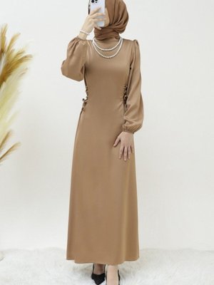 Vizon Yanları Bağlamalı Kolu Lastikli Saten Abiye Elbise