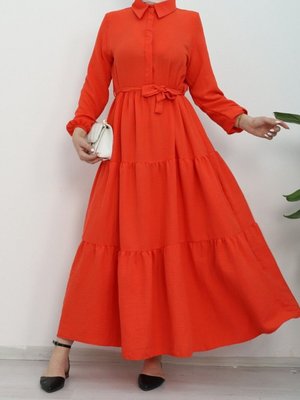 Nar Çiçeği Yarım Düğmeli Kolu Lastikli Beli Bağlamalı Elbise