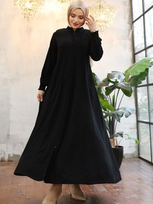 Siyah Yan Cepli Boydan Fermuarlı Kolu Lastikli Ferace