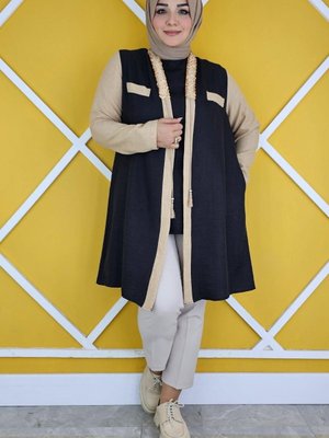 Siyah Yakası Taş Detaylı Kimono İkili Takım