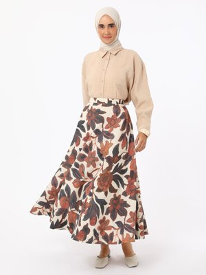 Desenli Çiçek Keten Karışımlı Etek