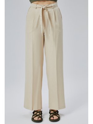 Bej Keten Yazlık Beli Lastikli Ve Kuşaklı Pantolon