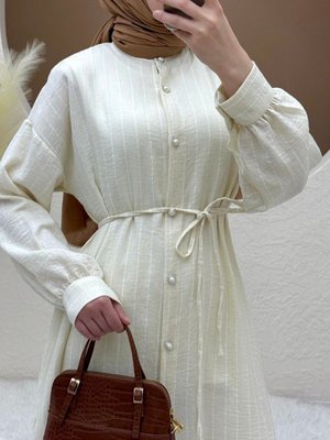 Bej Top Düğmeli Bağcıklı Çizgili Uzun Tunik Bej Top Düğmeli Bağcıklı Çizgili Uzun Tunik