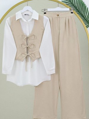 Bej Yeleği Bağcıklı Bol Paça Pantolonlu İkili Keten Takım