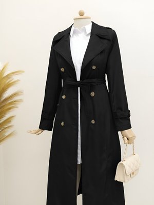 Siyah Astarlı Kemerli Trenckot