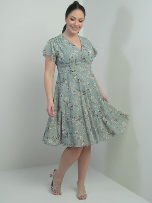 Mint Yeşili Kruvaze Yaka Kolu Volanlı Astarlı Büyük Beden Empirme Keten Elbise