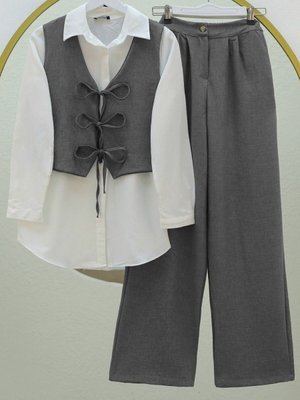 Füme Yeleği Bağcıklı Bol Paça Pantolonlu İkili Keten Takım Füme Yeleği Bağcıklı Bol Paça Pantolonlu İkili Keten Takım