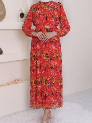 Nar Çiçeği Önü Pileli Kemerli Şifon Elbise