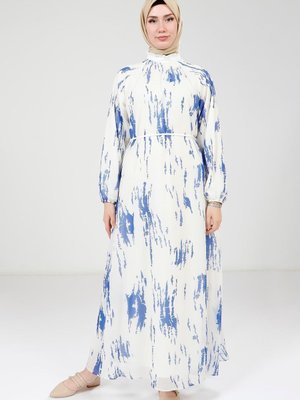 Saks Mavi Baskılı Beyaz Elbise