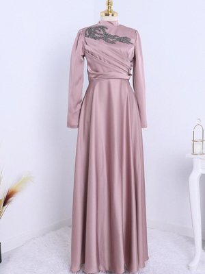 Pembe Yakası Taşlı Önü Drapeli Abiye Elbise