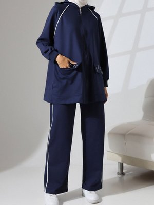 Lacivert Kapüşonlu Fermuarlı Torba Cepli İkili Takım